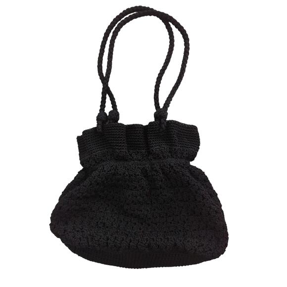 Lina Black Ruffle Top Crocheted ShoulderHobo hand bag Fully Lined 14 x 1 2x 4 - Picture 1 of 7